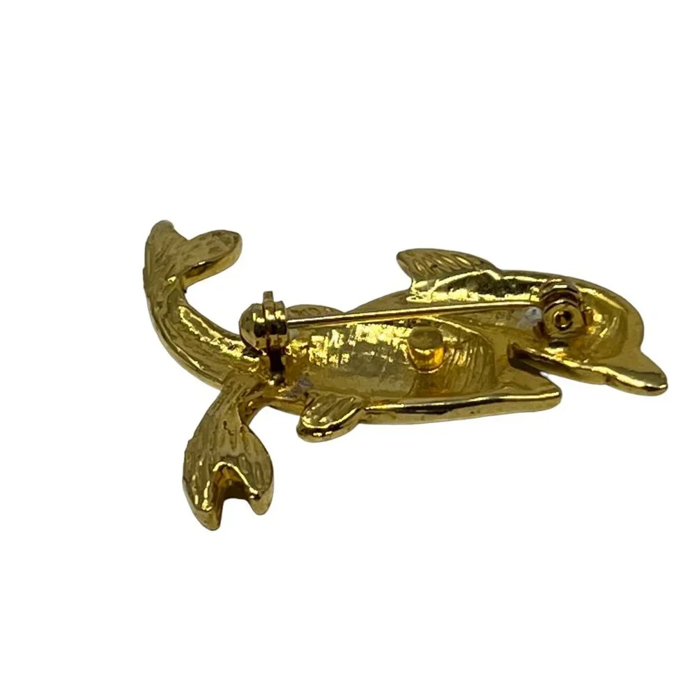 Two Dolphin Brooch Gold Tone Black Enamel Crystal Accents Porpoise‎ Pin